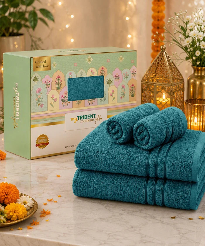 Moment Gold Towels 4Pc Set, Dark Aqua | 400GSM 100% Cotton
