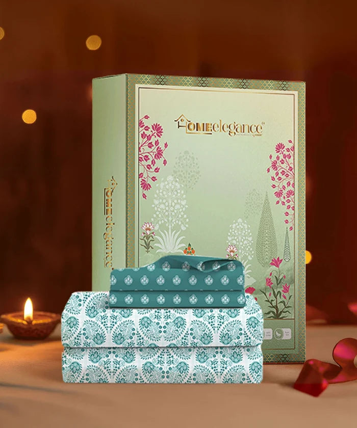 Moments Queen Bedsheet Set, Diana Teal|120 TC Cotton