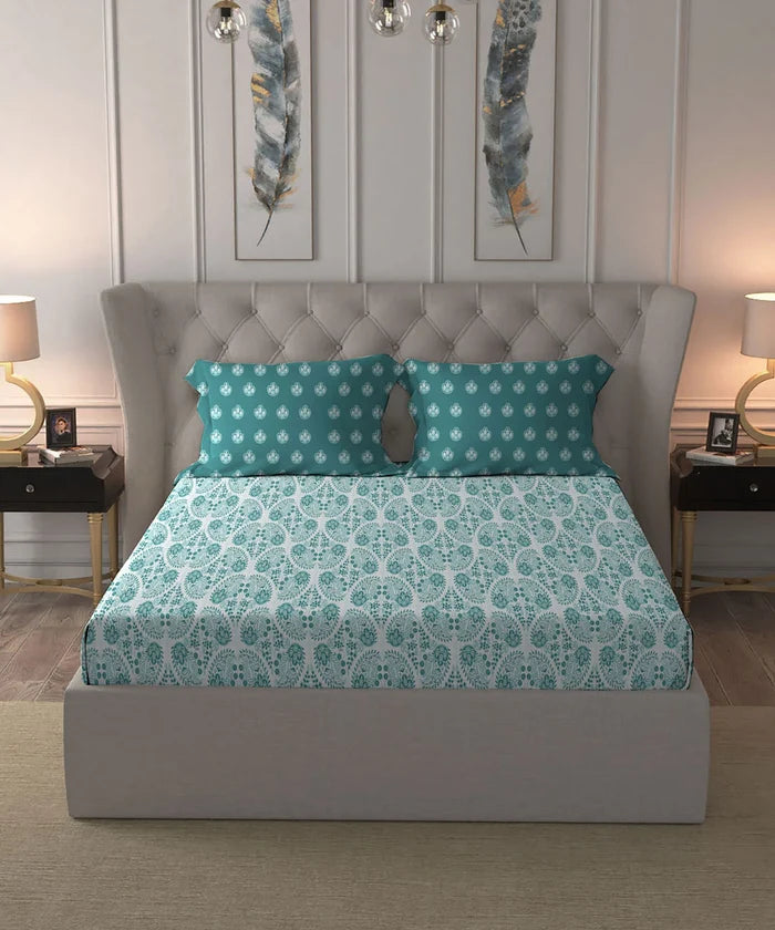 Moments Queen Bedsheet Set, Diana Teal|120 TC Cotton