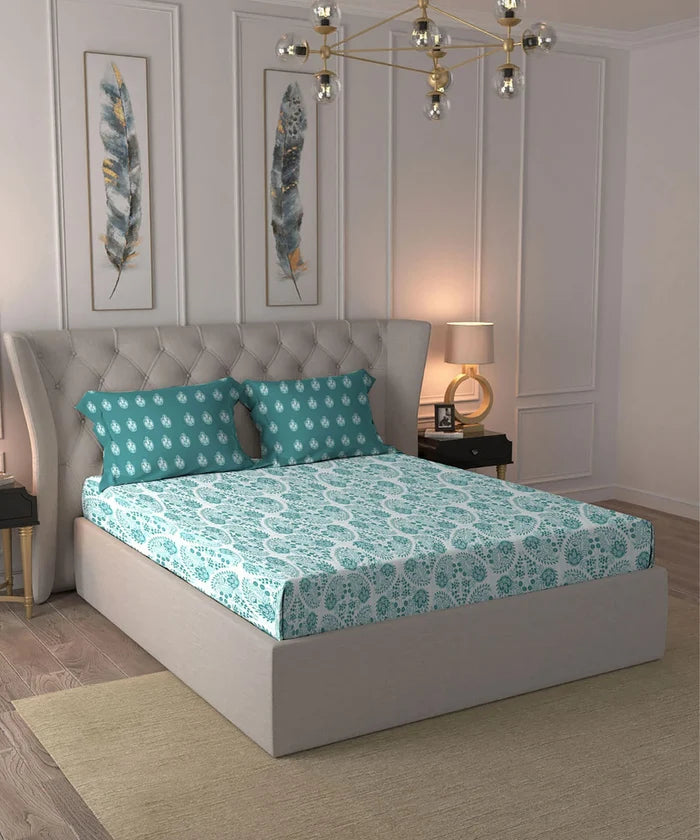 Moments Queen Bedsheet Set, Diana Teal|120 TC Cotton