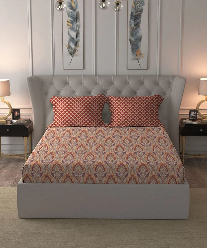 Moments Queen Bedsheet Set, Evelyn Mustard |120 TC Cotton