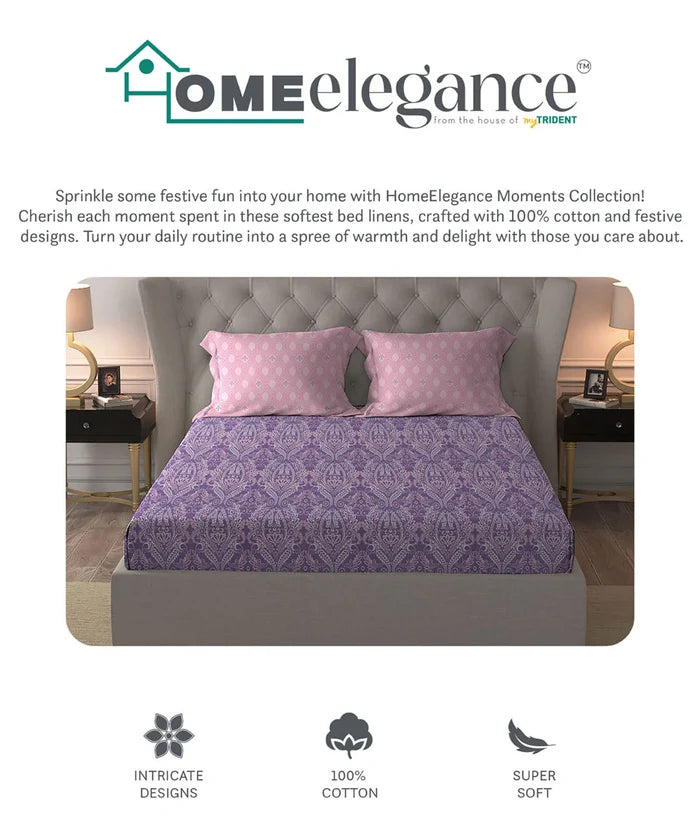 Moments Queen Bedsheet Set, Irene Purple |120 TC Cotton