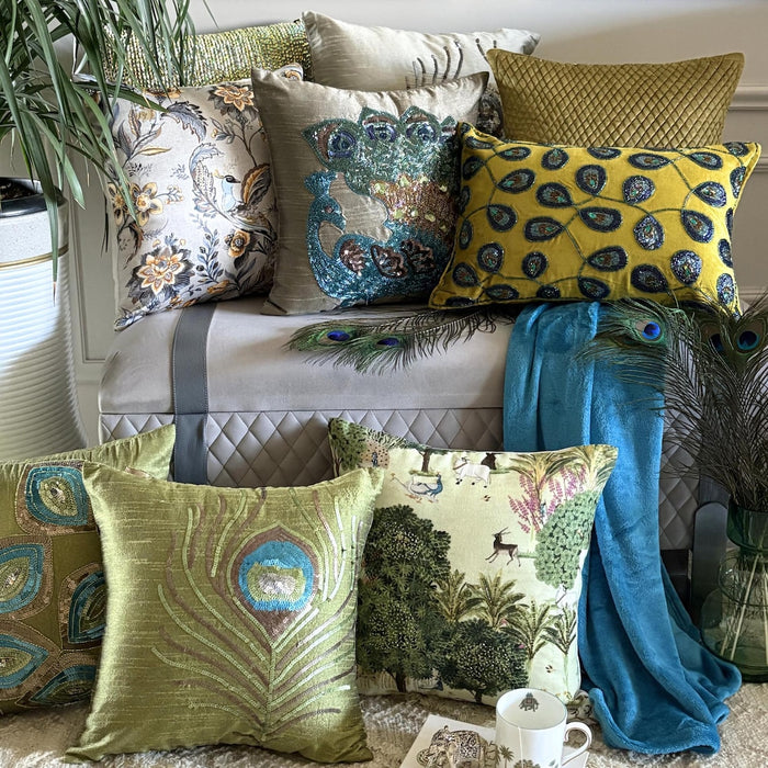 Mor Nritya - Green Cotton Throw Pillow Cover