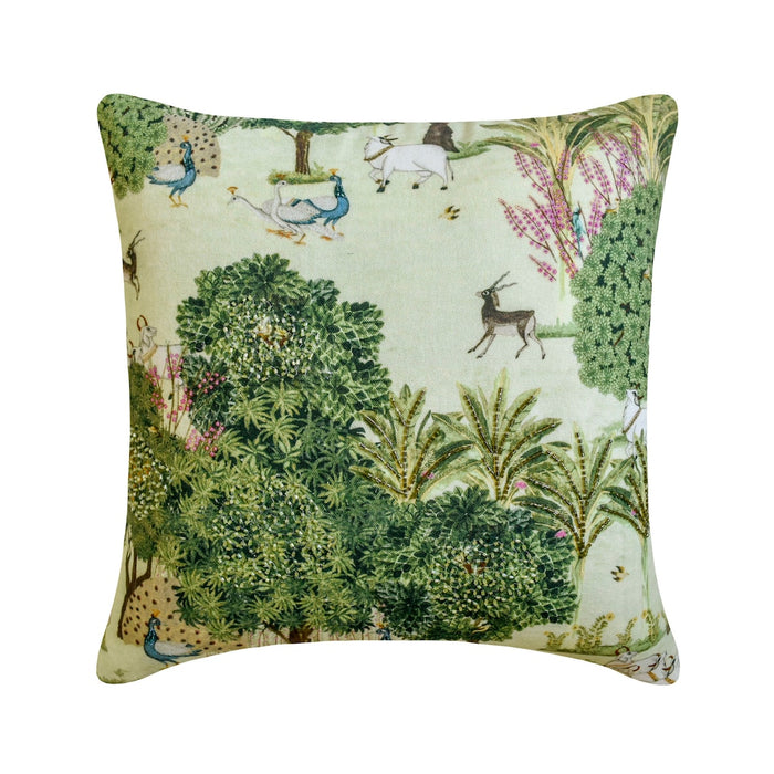 Mor Nritya - Green Cotton Throw Pillow Cover
