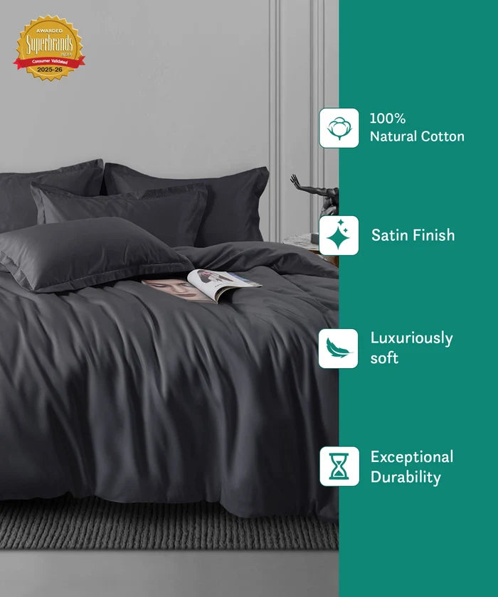 Nectarsoft King Solid Bedsheet Set, Dark Grey| 600 TC Cotton| 4 Pillow Covers