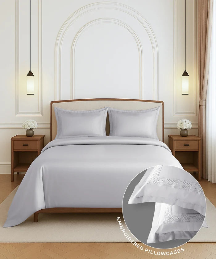 Nectarsoft Luxe Living Solid King Bedsheet Set, Hilton, Silver Cloud|300 TC Cotton| 2 Pillow Cover