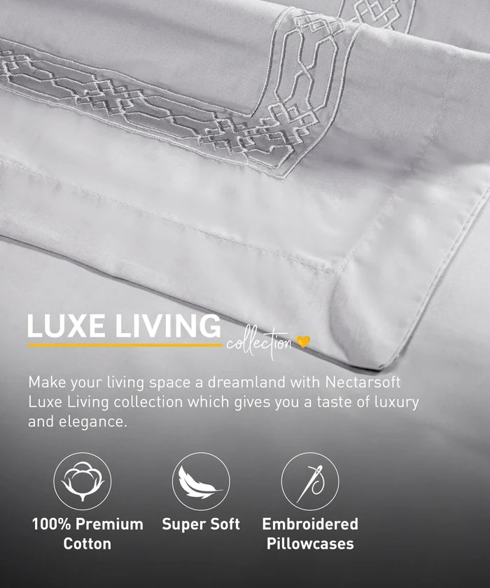 Nectarsoft Luxe Living Solid King Bedsheet Set, Hilton, Silver Cloud|300 TC Cotton| 2 Pillow Cover