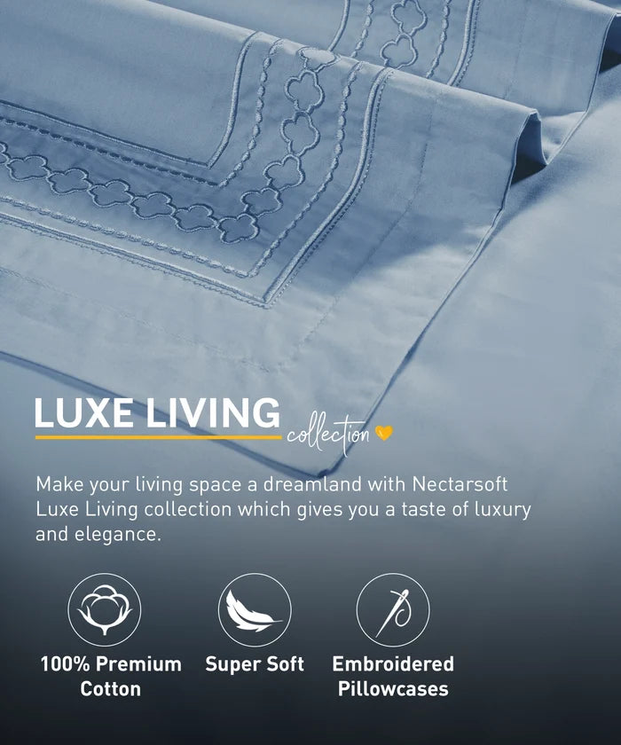 Nectarsoft Luxe Living Solid King Bedsheet Set, Watson, Blue Shadow|300 TC Cotton| 2 Pillow Cover