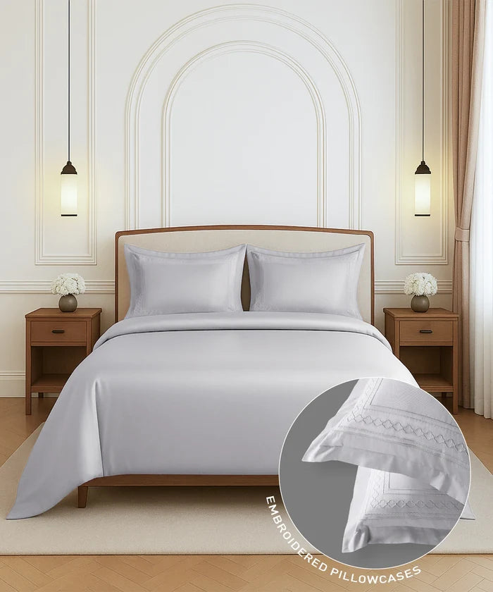 Nectarsoft Luxe Living Solid King Bedsheet Set, Watson, Silver Cloud|300 TC Cotton| 2 Pillow Cover