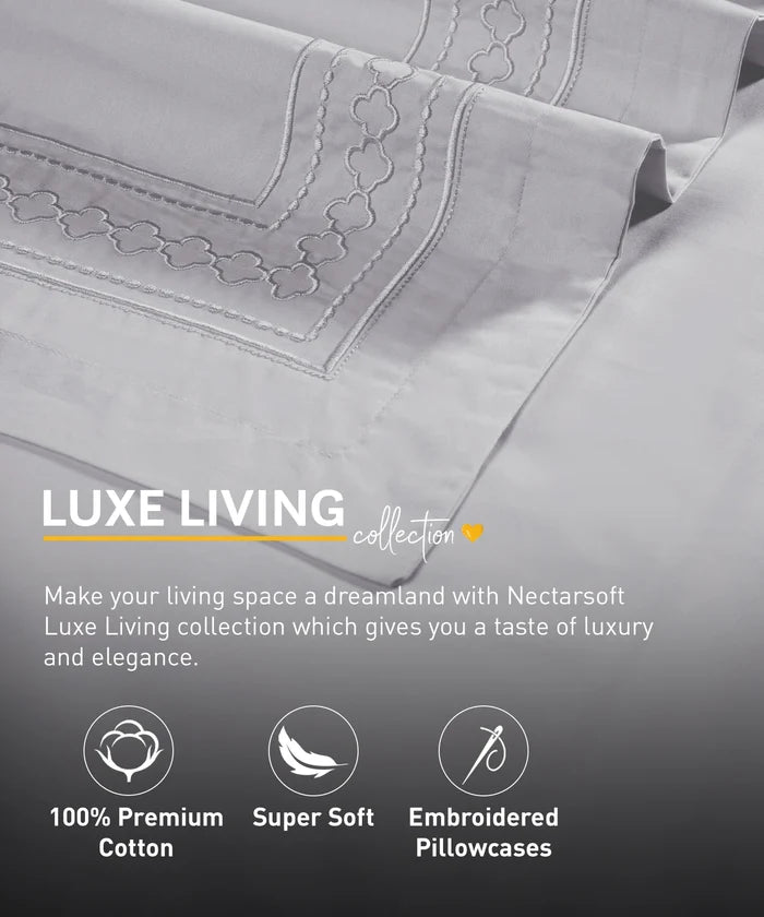 Nectarsoft Luxe Living Solid King Bedsheet Set, Watson, Silver Cloud|300 TC Cotton| 2 Pillow Cover