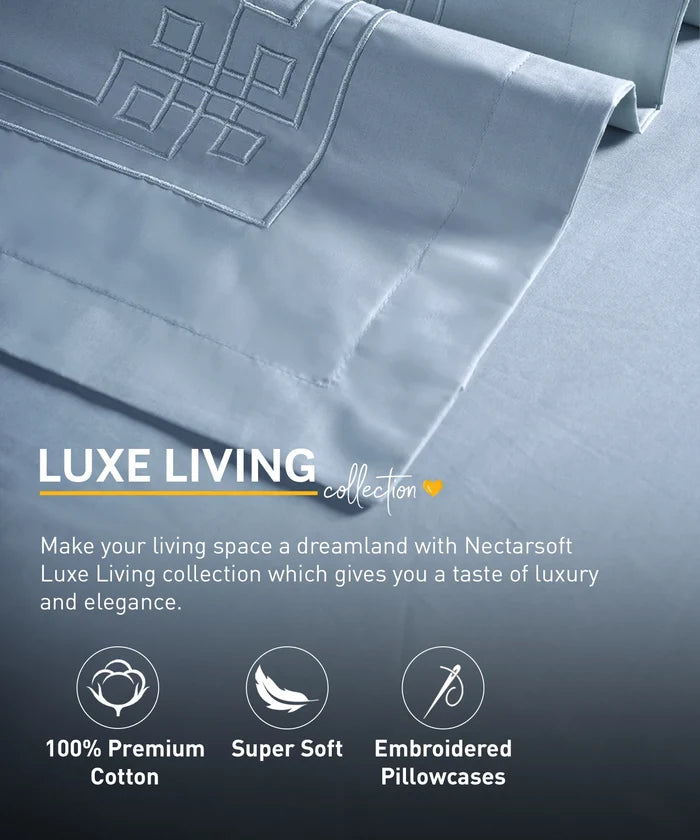 Nectarsoft Luxe Living Solid King Bedsheet Set, Windsor, Blue Shadow|300 TC Cotton| 2 Pillow Cover