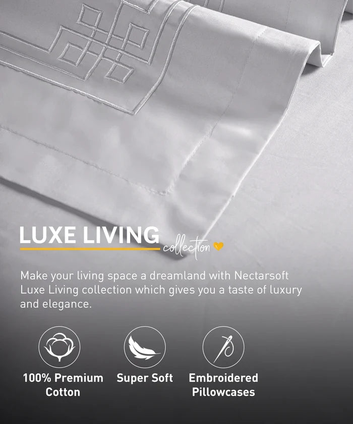 Nectarsoft Luxe Living Solid King Bedsheet Set, Windsor, Silver Cloud|300 TC Cotton| 2 Pillow Cover