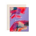 Happy Birthday handmade purple artisanal greeting card with green and pink paint swirls and an envelope on a white background.