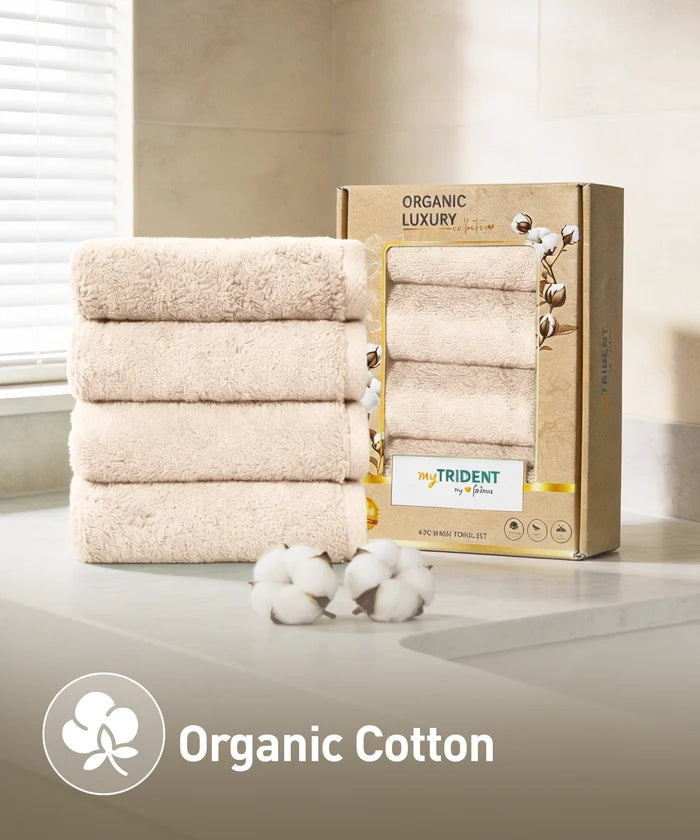 Organic Luxury 4Pc Face Towel, Beige|650 GSM Organic Cotton