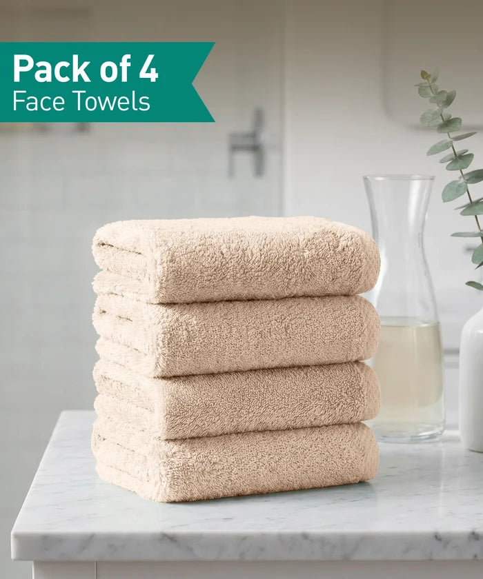 Organic Luxury 4Pc Face Towel, Beige|650 GSM Organic Cotton