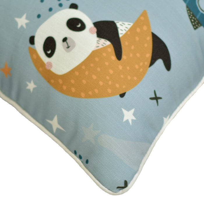 Panda In Space - Blue Cotton Throw Pillow Cover