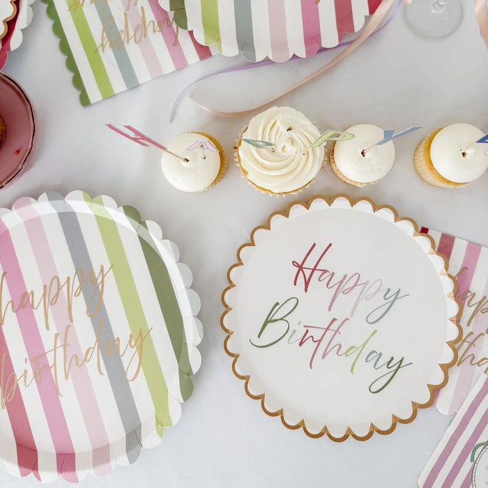 Pastel Scalloped Happy Birthday Salad Plate, 12pcs - Josi James - 8.5 Inch Plate