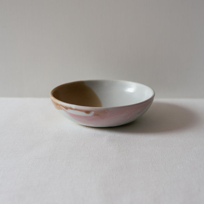 Handmade breakfast bowl, dessert bowl and soup bowl in pink, brown and white by Palinopsia Ceramics