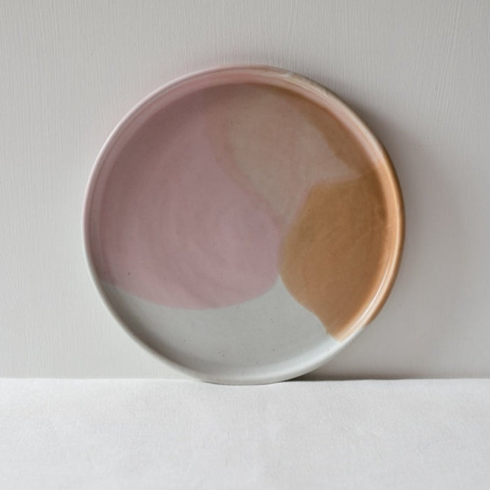 Palinopsia Ceramics Handmade white pink and brown dinner plate in dipped drippy glaze by