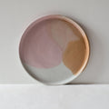 Palinopsia Ceramics Handmade white pink and brown dinner plate in dipped drippy glaze by