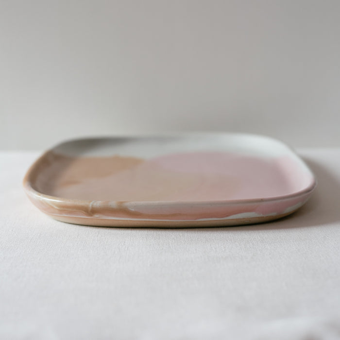 Close up on pink and brown glazes on ceramic stoneware pieces by Palinopsia Ceramics