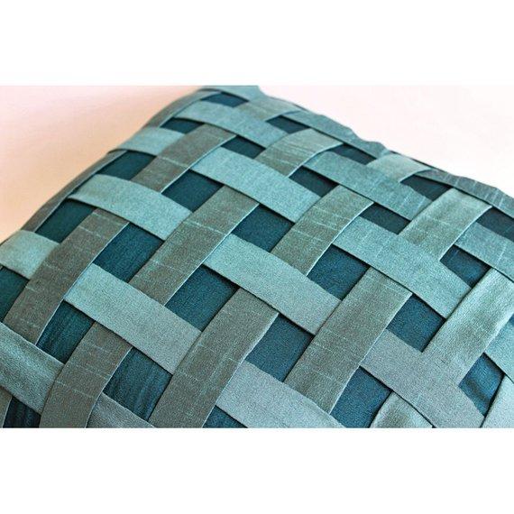 Peacock Green N Teal Basket Weave - Teal Blue Art Silk Decorative Euro Sham