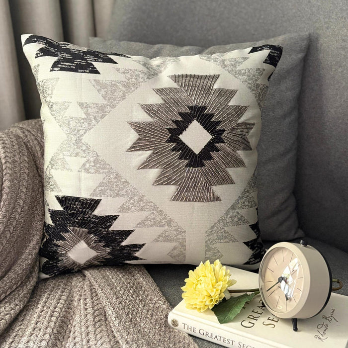 Pewter, Silver & Gunmetal Jacquard Throw Pillow Cover - Silver Solstice