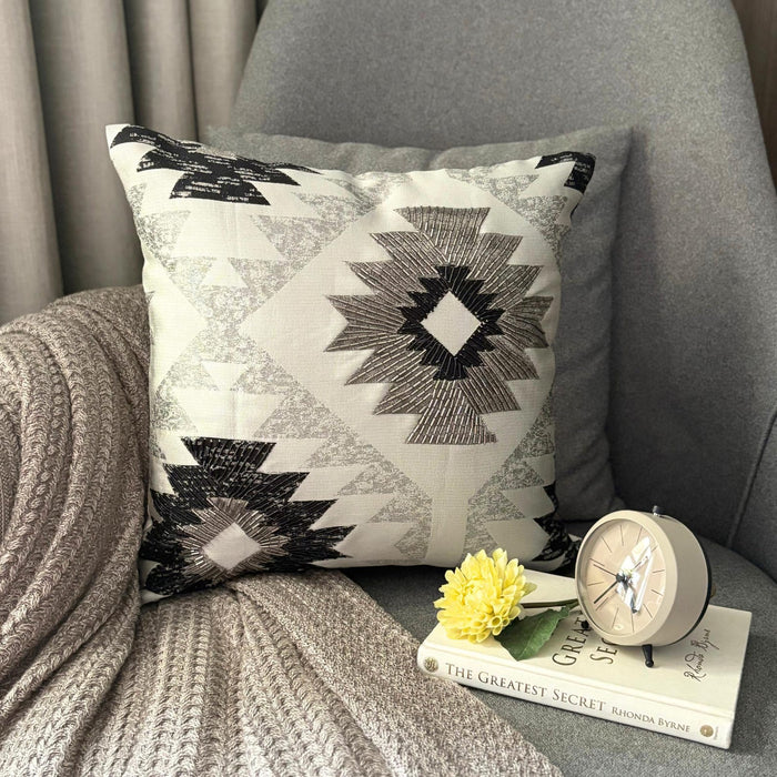 Pewter, Silver & Gunmetal Jacquard Throw Pillow Cover - Silver Solstice