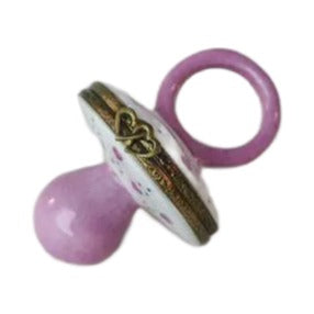 Pink Pacifier for Baby Shower Limoges box shown from another angle
