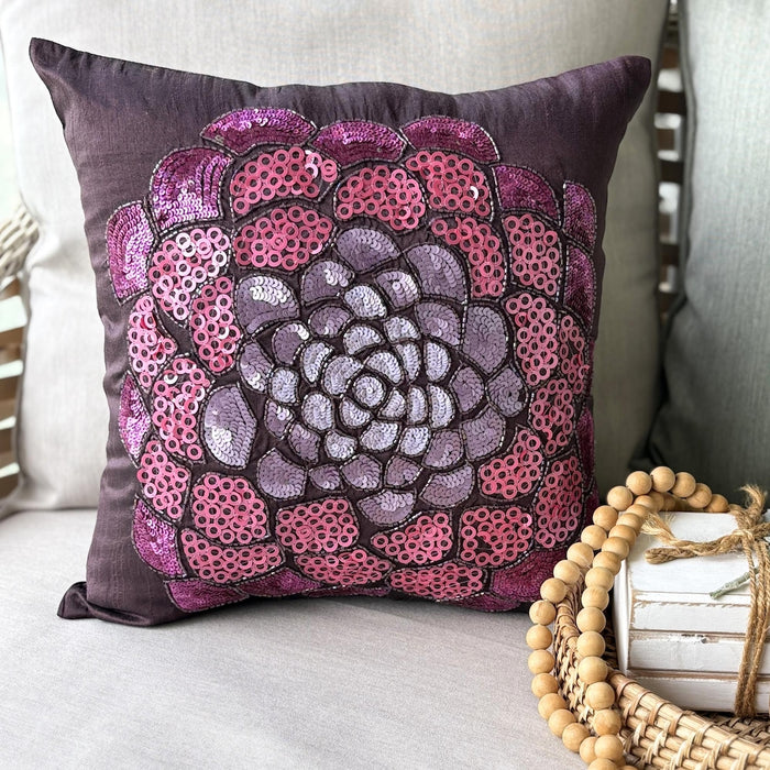 Pink Wildflower - Plum Art Silk Decorative Euro Sham