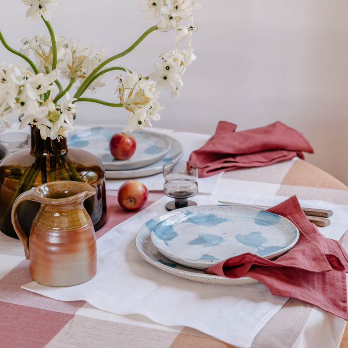 Country dining table with dinner set using Palinopsia handmade dinner and lunch plates in blue and white