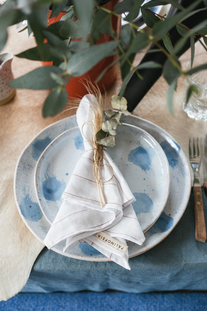 coastal table setting with blue and white plates and pinstripe table napkins by Palinopsia Ceramics