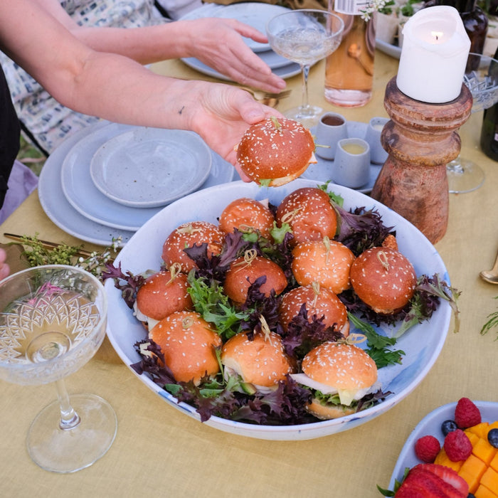 Pollock low serving platter with sliders by Palinopsia Ceramics