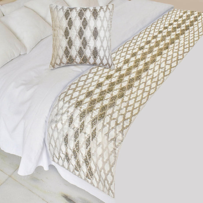 Priscilla Dazzle - Jacquard Ivory Decorative Bed Runner and Pillow Cover