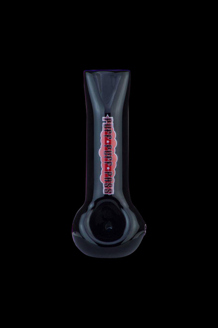 A close-up shot of the 4-inch Puff Puff Pass hand pipe, displaying its simple, curved design against a dark background.