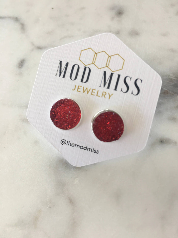 Red Druzy Stud Earrings