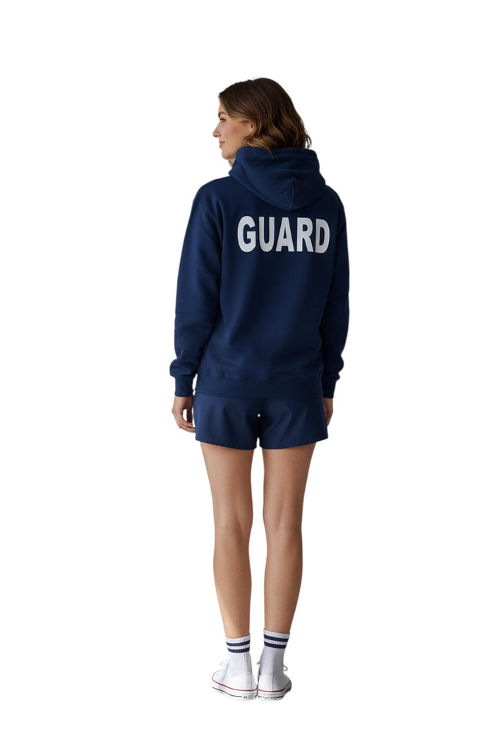 The Lifeguard Store RISE Guard Zip Hoodie in navy blue, cotton-polyester blend with white GUARD logo on back.