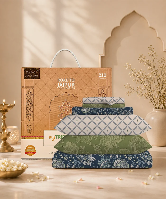 Road To Jaipur Double Duvet Set, CHAAP RANG |210 TC Cotton| 6 Pc Set