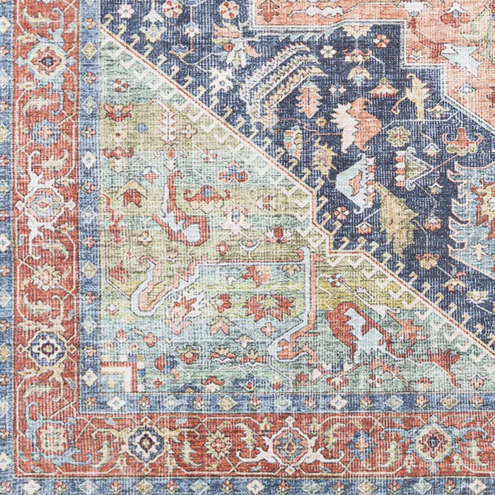 Rust, Blue and Green Traditional Heriz Design Multi Size Washable Area Rug - The Rug Decor