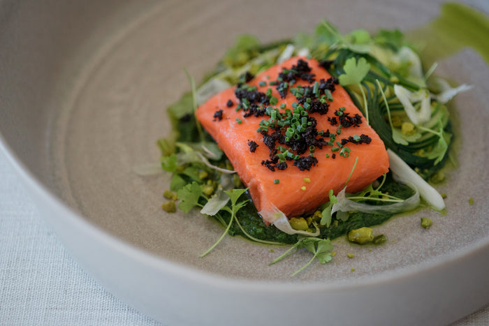 Sydney Northern Beaches Chef Gerald Touchers Cured Salmon on Handmade Serving bowl by Palinopsia Ceramics in Mushroom grey