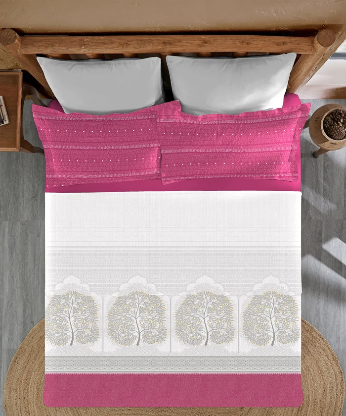 Sanskriti Bedding Set, Gond Art Pink| 180 TC, 180 GSM Cotton| 4 Pc Set
