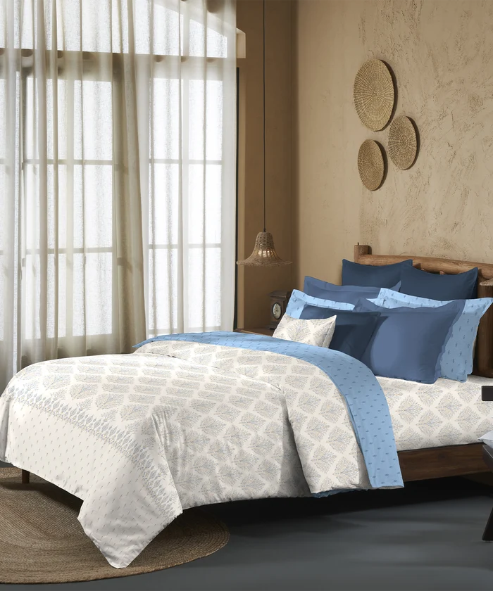 Sanskriti Bedding Set, Kantha Blue| 180 TC, 180 GSM Cotton| 4 Pc Set