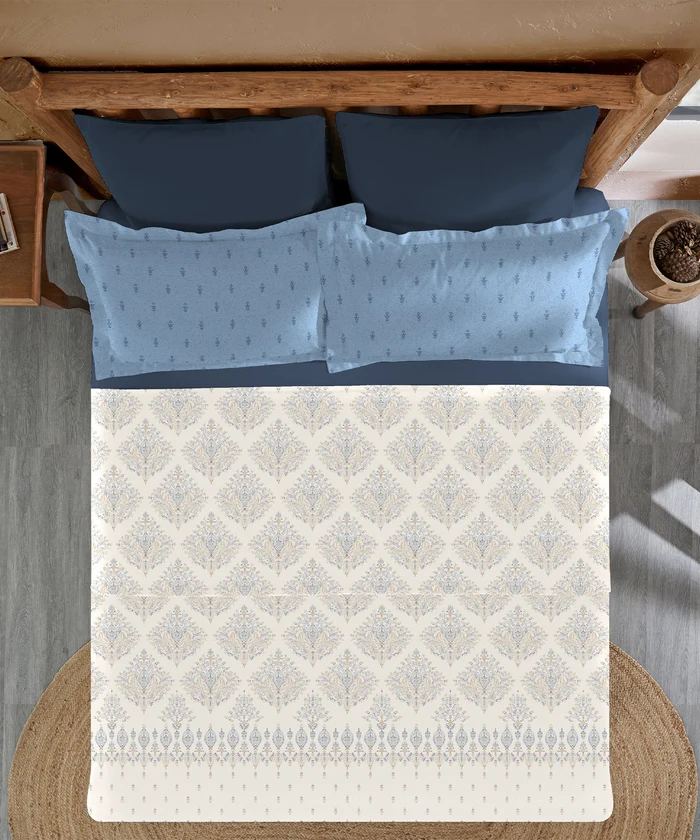 Sanskriti Bedding Set, Kantha Blue| 180 TC, 180 GSM Cotton| 4 Pc Set
