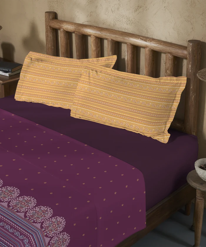 Sanskriti Bedding Set, Rogan Art Plum| 180 TC, 180 Cotton| 4 Pc Set