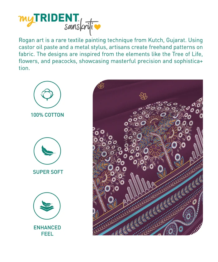 Sanskriti Bedding Set, Rogan Art Plum| 180 TC, 180 Cotton| 4 Pc Set
