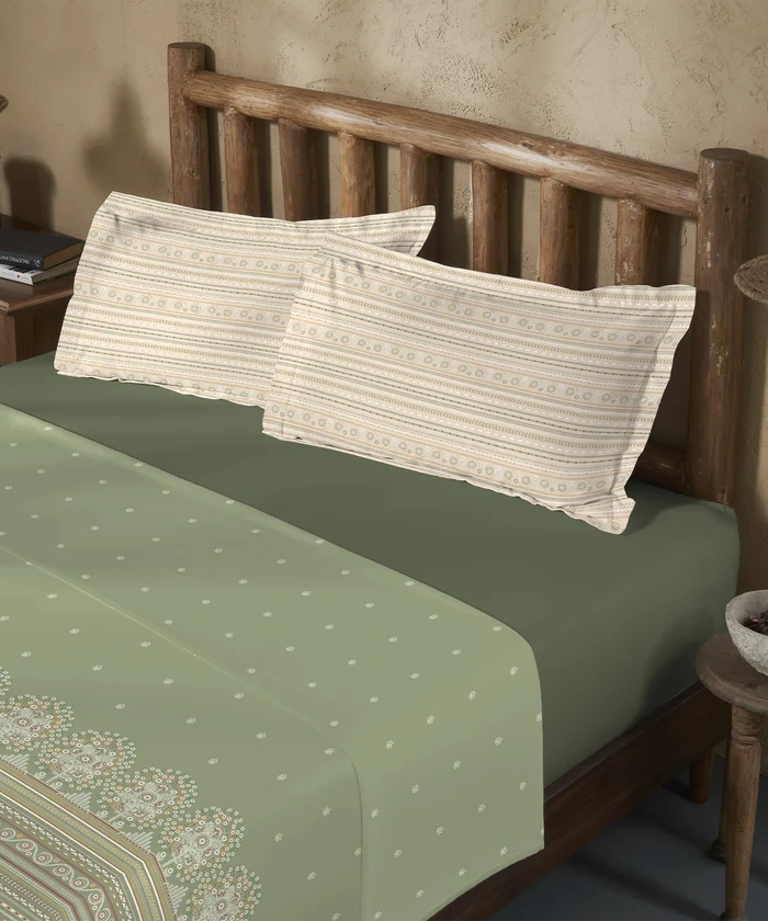 Sanskriti King Bedsheet Gift Set, Rogan Art Olive | 180 TC Cotton| 2 Pillow Covers