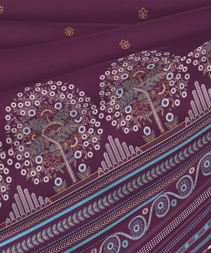 Sanskriti King Bedsheet Gift Set, Rogan Art Plum| 180 TC Cotton| 2 Pillow Covers