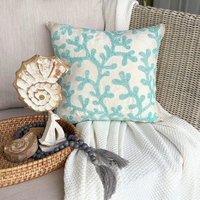 Sea Weeds - Aqua Blue & White Art Silk Decorative Euro Sham