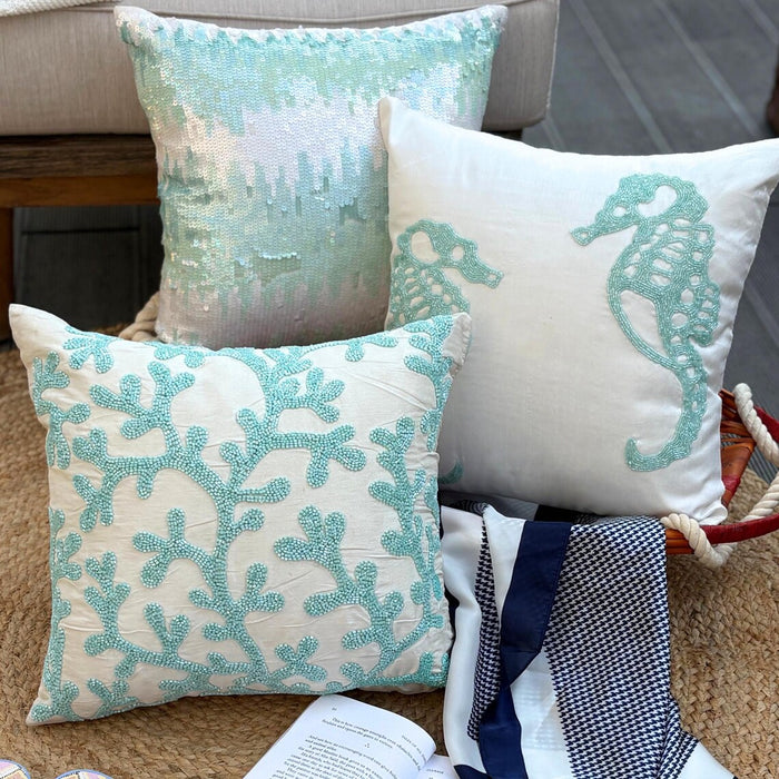 Sea Weeds - Aqua Blue & White Art Silk Decorative Euro Sham