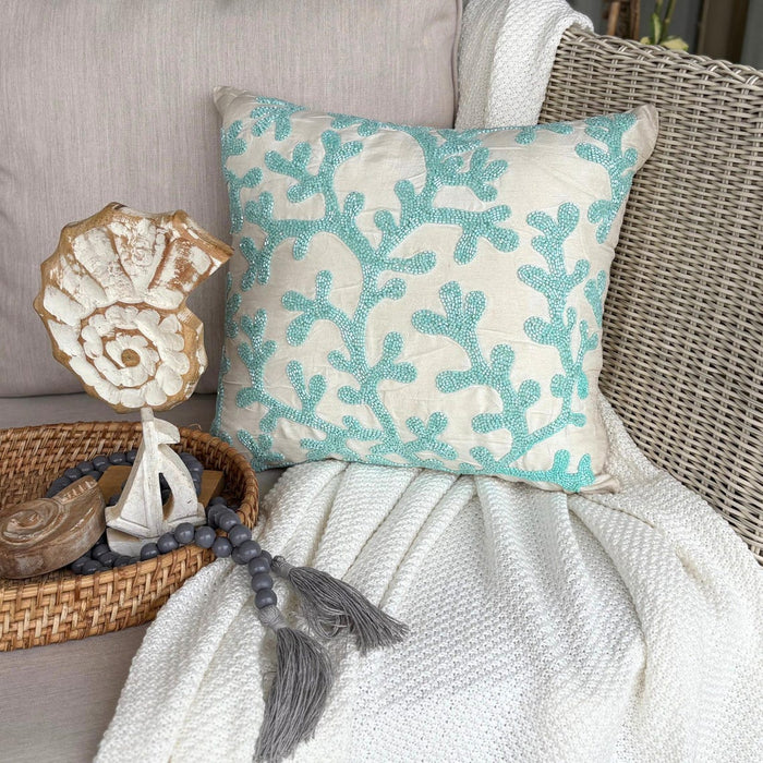 Sea Weeds - Aqua Blue & White Art Silk Decorative Euro Sham